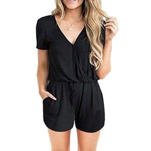 Black Short Sleeve V-neck Romper with Pockets